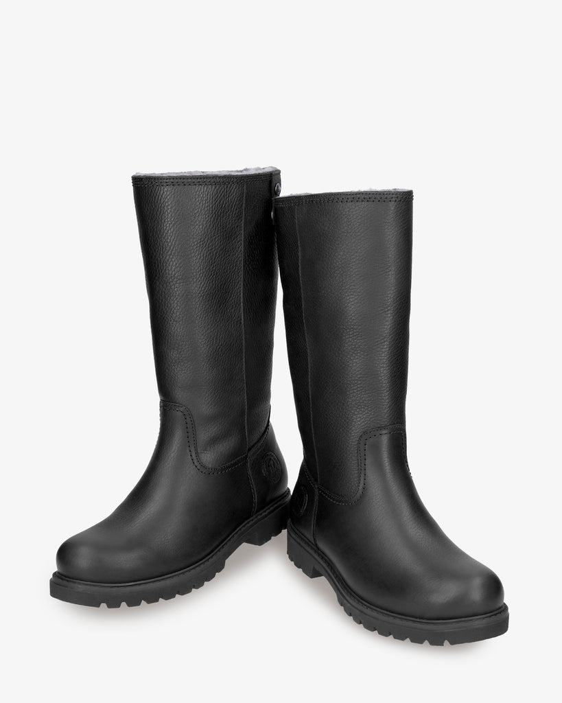 Bambina Igloo botas de piel con forro interior de pelo natural. negro